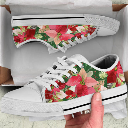 Poinsettia Pattern Print Design POT03 White Bottom Low Top Shoes