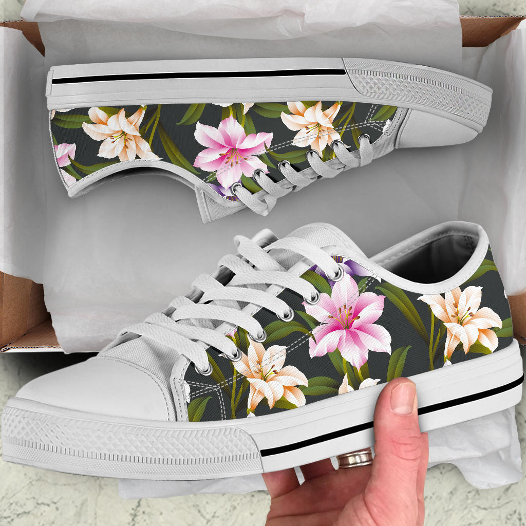 Lily Pattern Print Design LY01 White Bottom Low Top Shoes