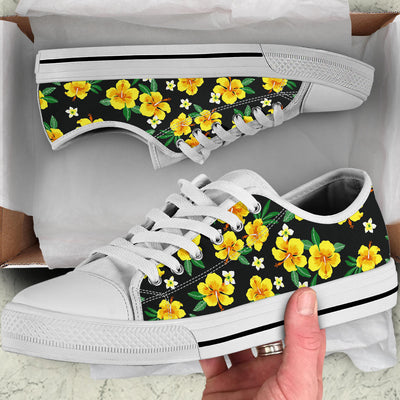 Yellow Hibiscus Pattern Print Design HB08 White Bottom Low Top Shoes