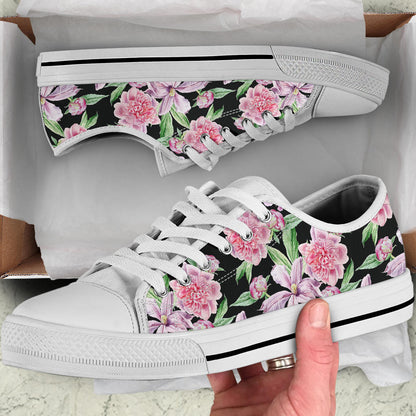 Peony Pattern Print Design PE08 White Bottom Low Top Shoes