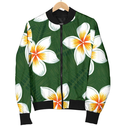 White Plumeria Pattern Print Design PM020 Women Bomber Jacket