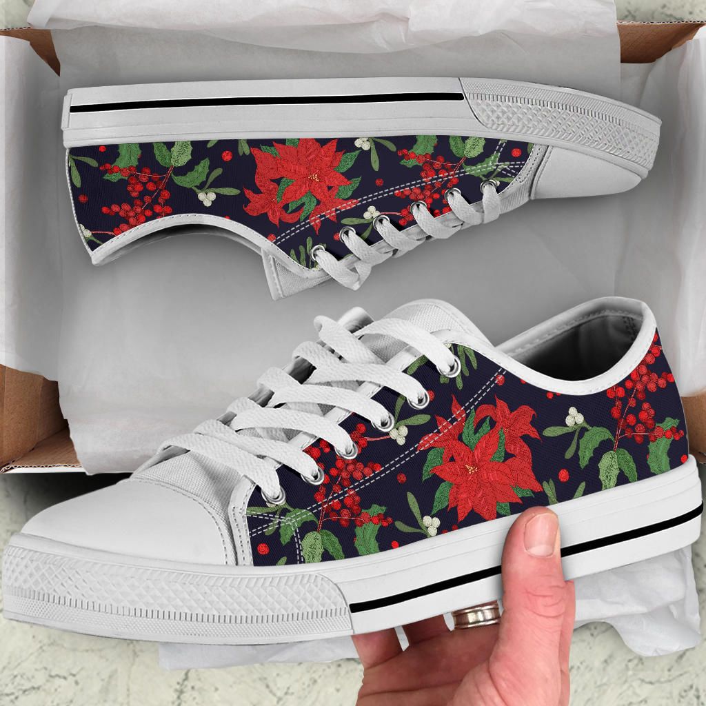 Poinsettia Pattern Print Design POT02 White Bottom Low Top Shoes
