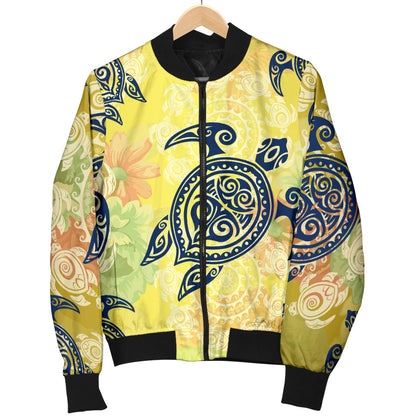 Hawaiian Turtle Tribal Design Print Women Bomber Jacket