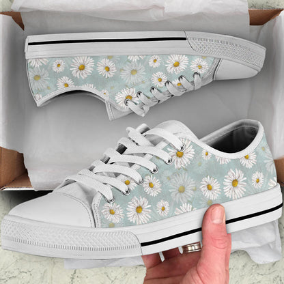 Daisy Pattern Print Design DS012 White Bottom Low Top Shoes