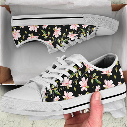 Magnolia Pattern Print Design MAG01 White Bottom Low Top Shoes