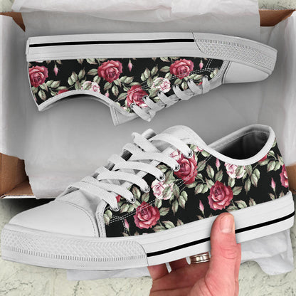 Rose Red Pink Pattern Print Design RO03 White Bottom Low Top Shoes
