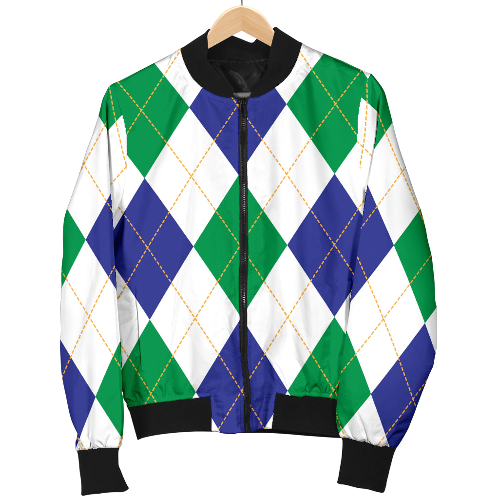 Argyle Green Blue Pattern Print Design 03 Women's Bomber Jacket