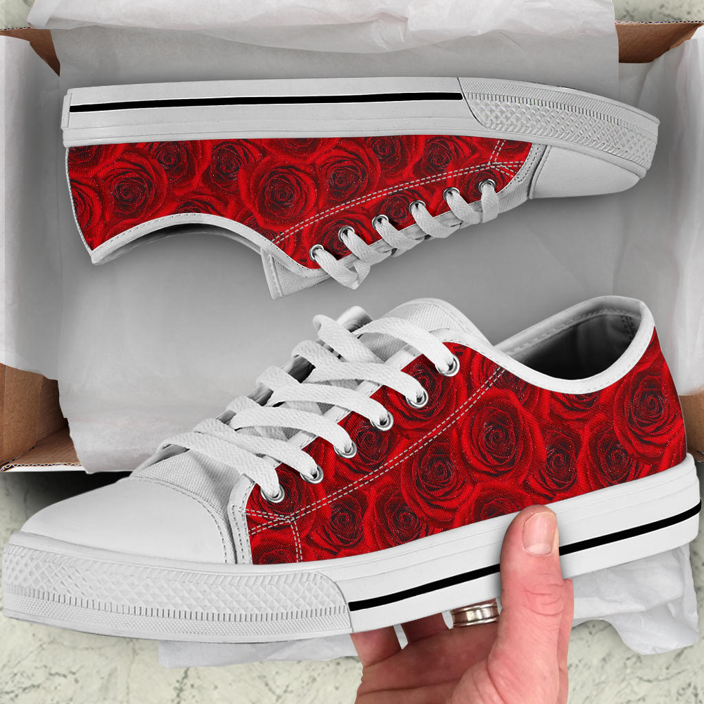 Rose Red Pattern Print Design RO04 White Bottom Low Top Shoes