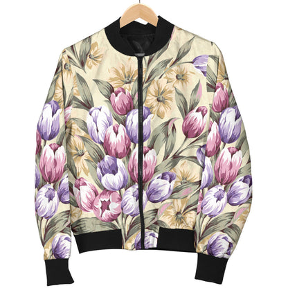 Tulip Pattern Print Design TP04 Women Bomber Jacket