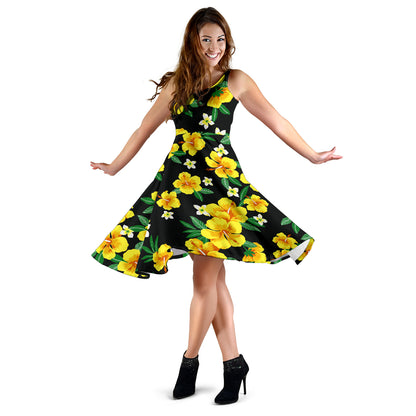 Yellow Hibiscus Pattern Print Design HB08 Midi Dress