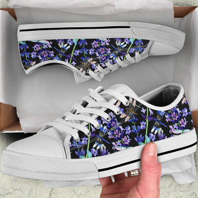 Lavender Dragonfly Pattern Print Design LV03 White Bottom Low Top Shoes