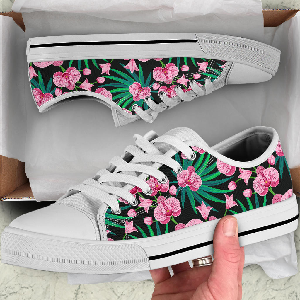 Orchid Pink Pattern Print Design OR06 White Bottom Low Top Shoes
