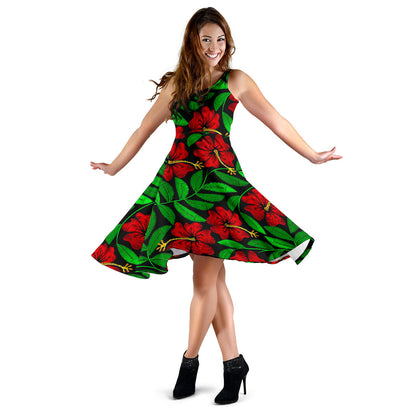 Red Hibiscus Embroidered Pattern Print Design HB032 Midi Dress