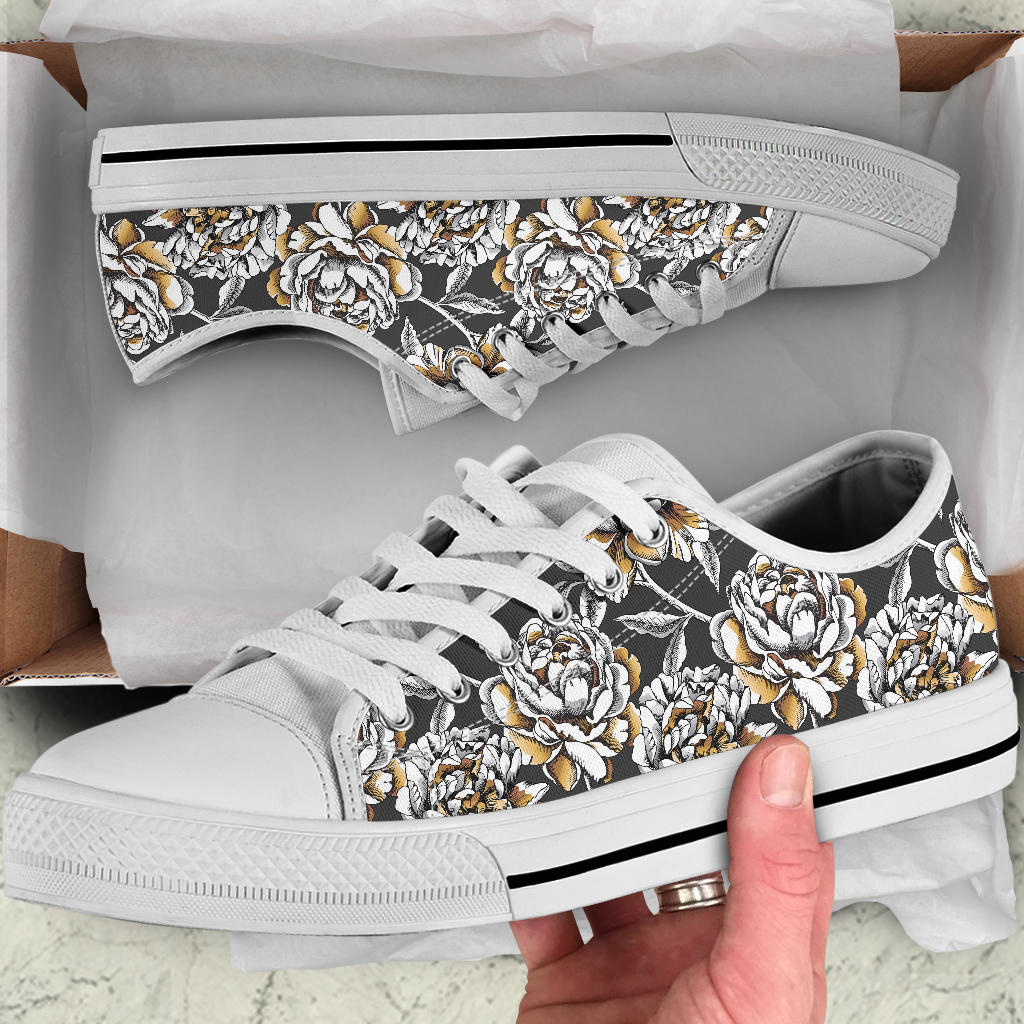 Peony Pattern Print Design PE06 White Bottom Low Top Shoes