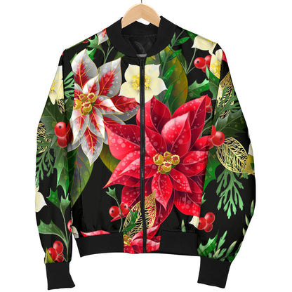 Poinsettia Pattern Print Design POT05 Women Bomber Jacket