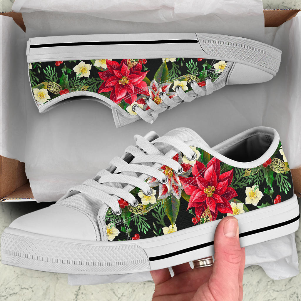 Poinsettia Pattern Print Design POT05 White Bottom Low Top Shoes