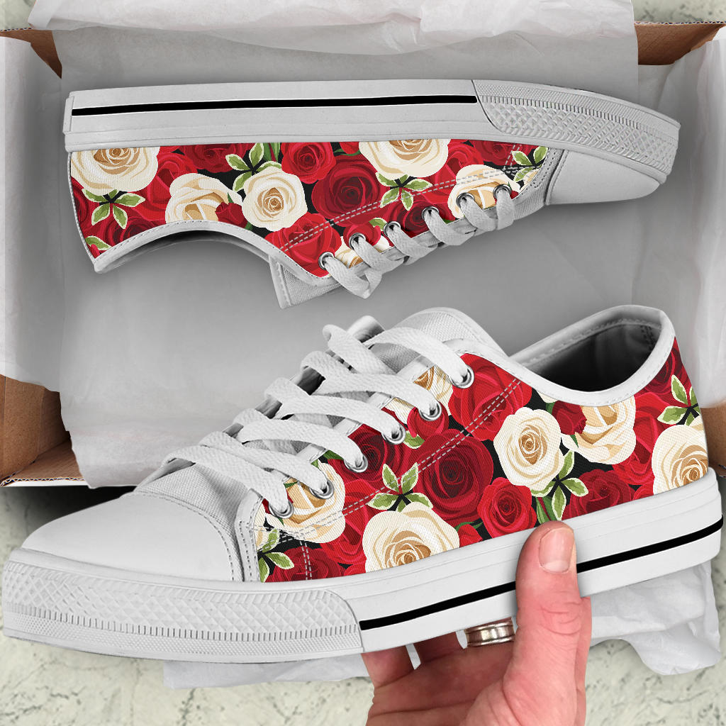 Rose Pattern Print Design RO06 White Bottom Low Top Shoes
