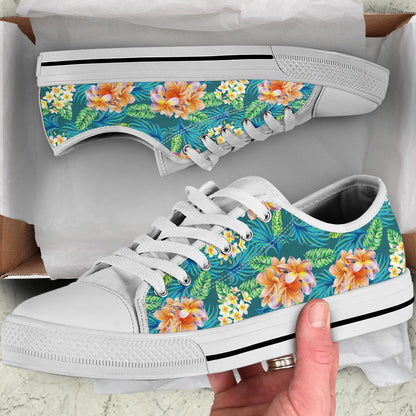 Plumeria Tropical Flower Design Print White Bottom Low Top Shoes