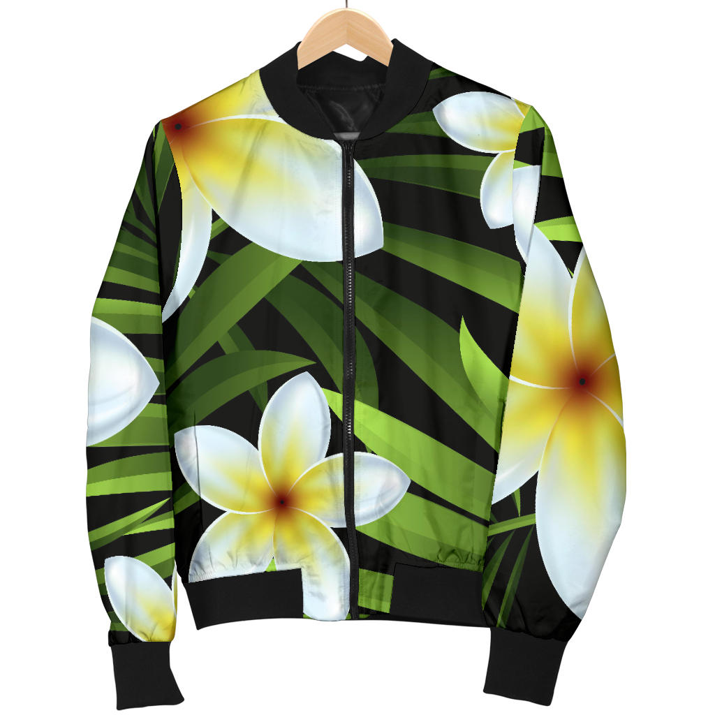 White Plumeria Pattern Print Design PM06 Women Bomber Jacket