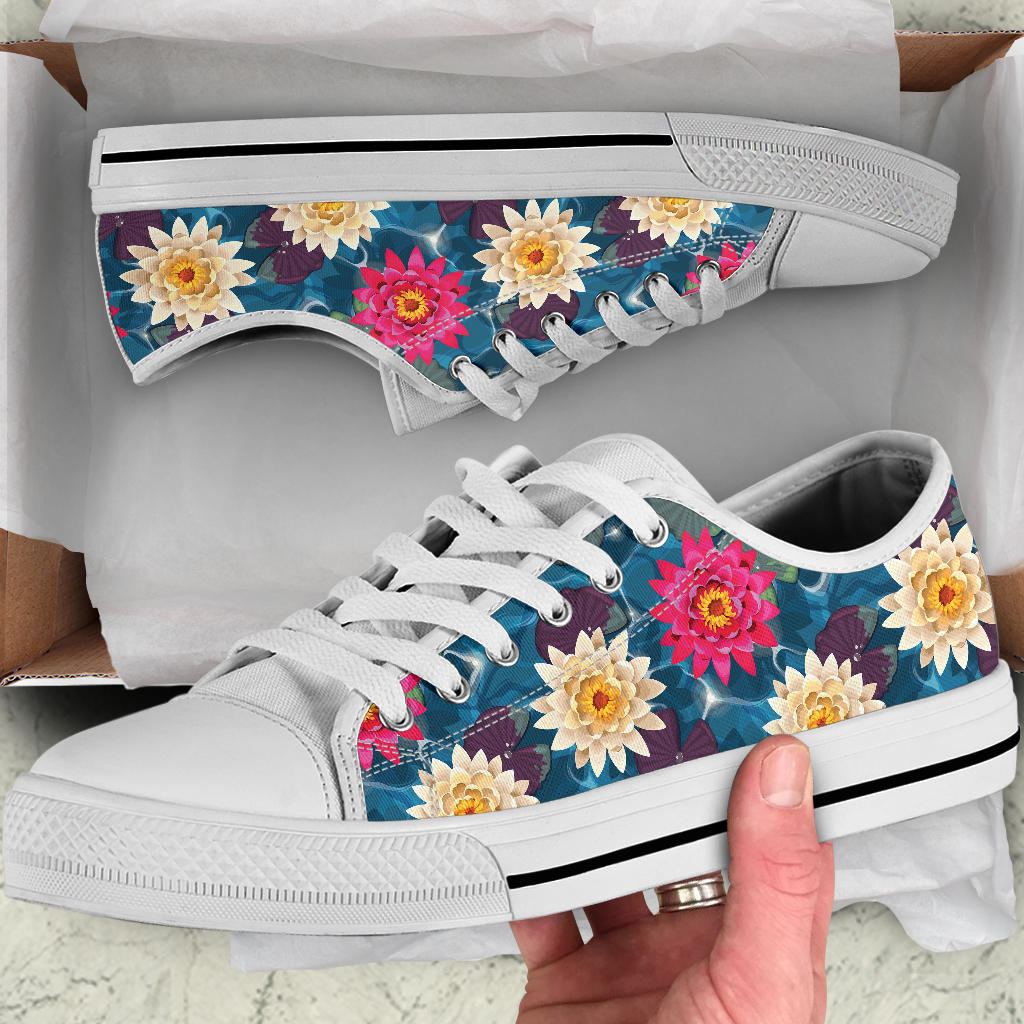 Water Lily Pattern Print Design WL05 White Bottom Low Top Shoes