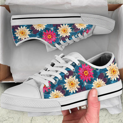 Water Lily Pattern Print Design WL05 White Bottom Low Top Shoes