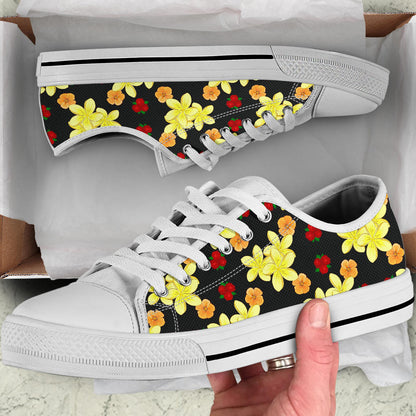 Yellow Plumeria Pattern Print Design PM04 White Bottom Low Top Shoes