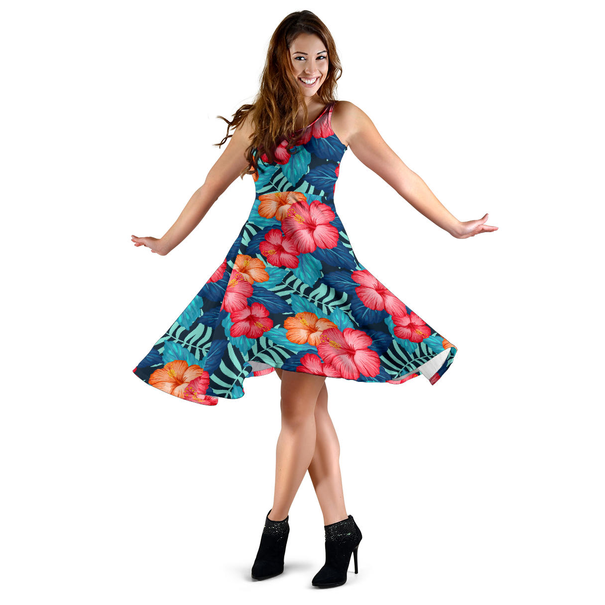 Red Hibiscus Pattern Print Design HB02 Midi Dress