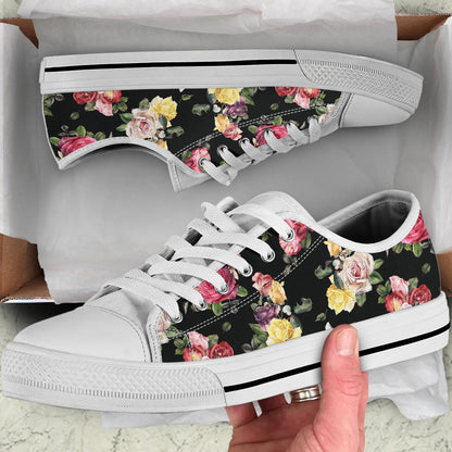 Rose Pattern Print Design RO010 White Bottom Low Top Shoes