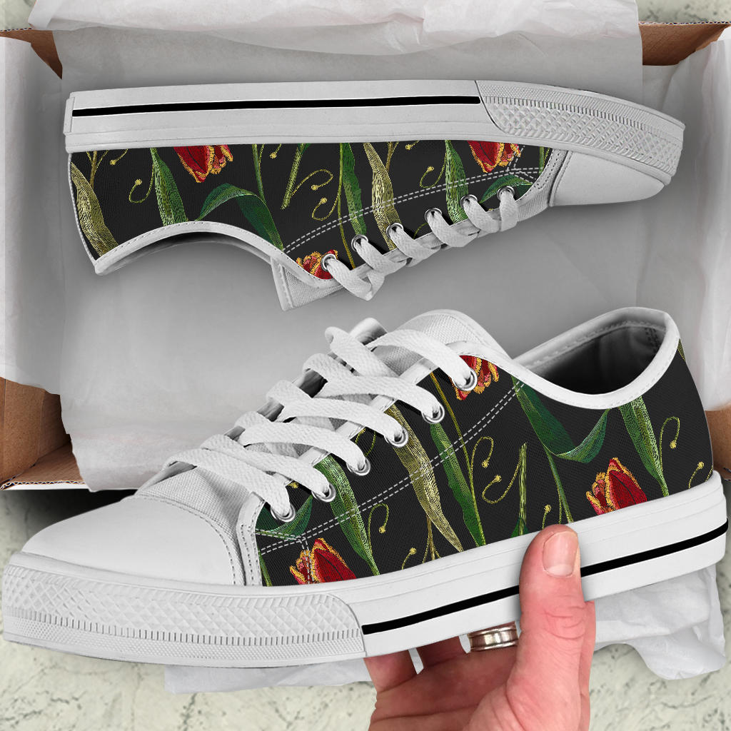 Tulip Embroidered Pattern Print Design TP01 White Bottom Low Top Shoes