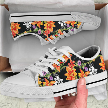 Tropical Flower Pattern Print Design TF02 White Bottom Low Top Shoes