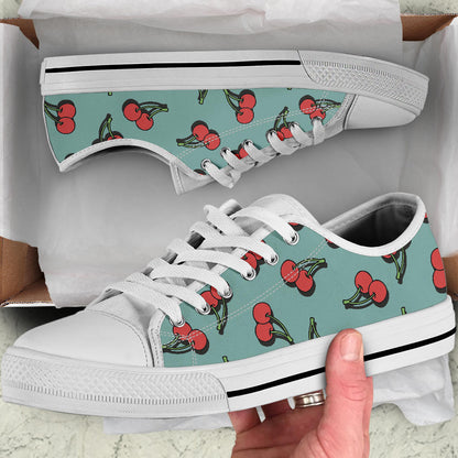 Cherry Pattern Print Design CH03 White Bottom Low Top Shoes