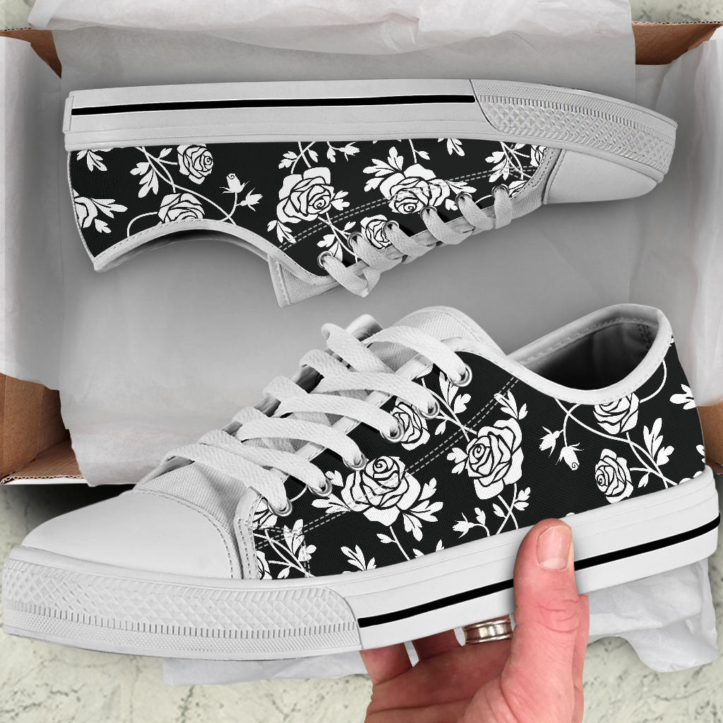 Rose Pattern Print Design RO013 White Bottom Low Top Shoes