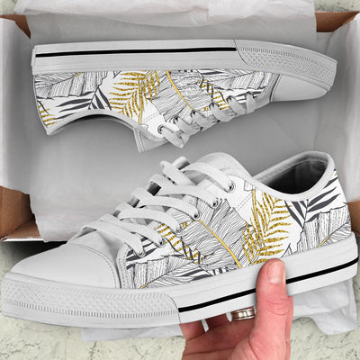 Gold Glitter Tropical Palm Leaves White Bottom Low Top Shoes