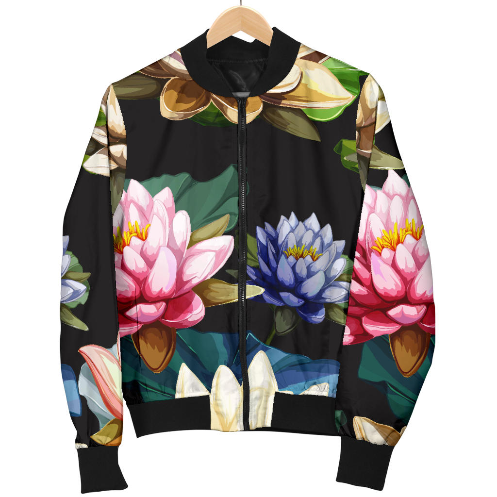 Water Lily Pattern Print Design WL02 Women Bomber Jacket