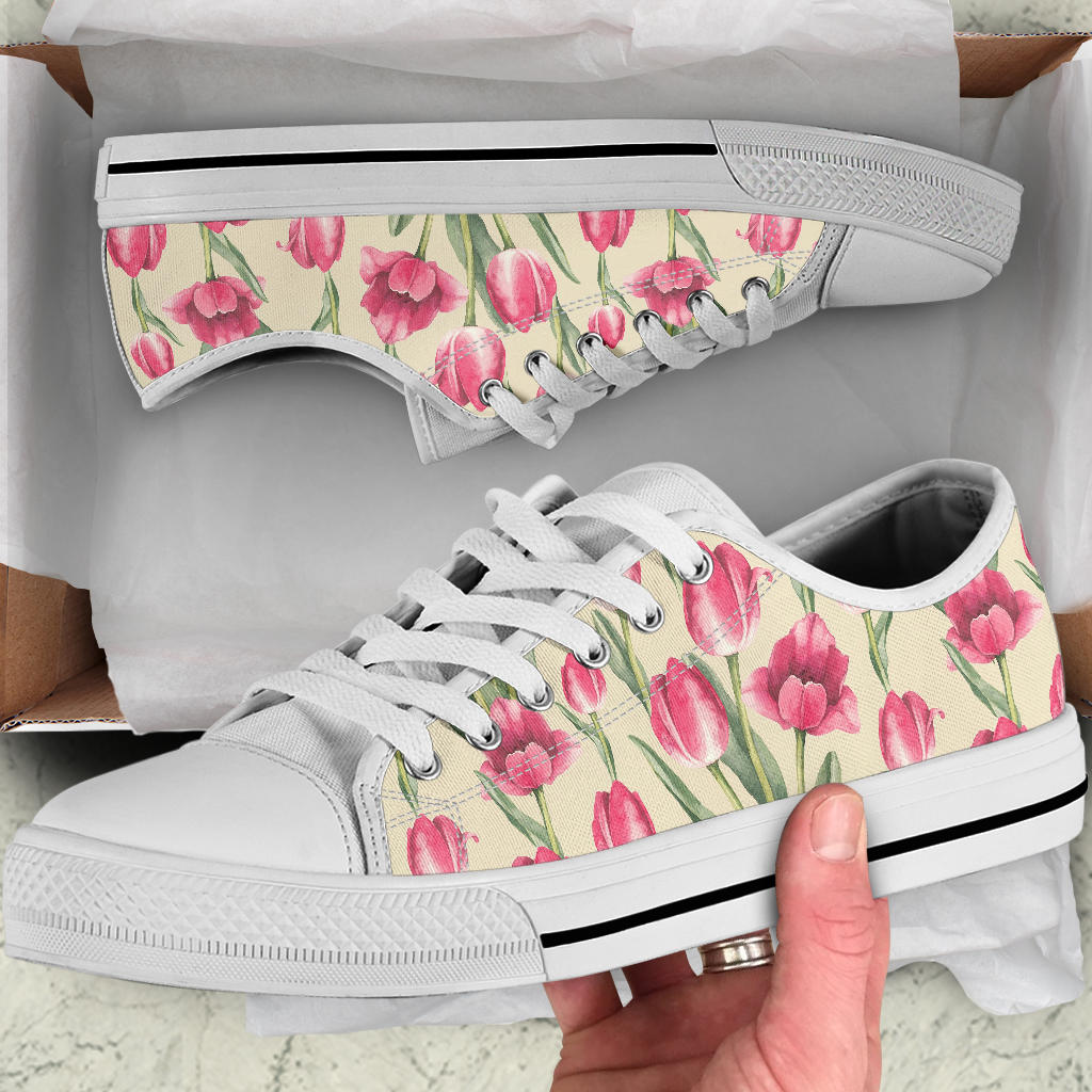 Tulip Pink Pattern Print Design TP06 White Bottom Low Top Shoes
