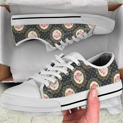 Rose Pattern Print Design RO015 White Bottom Low Top Shoes