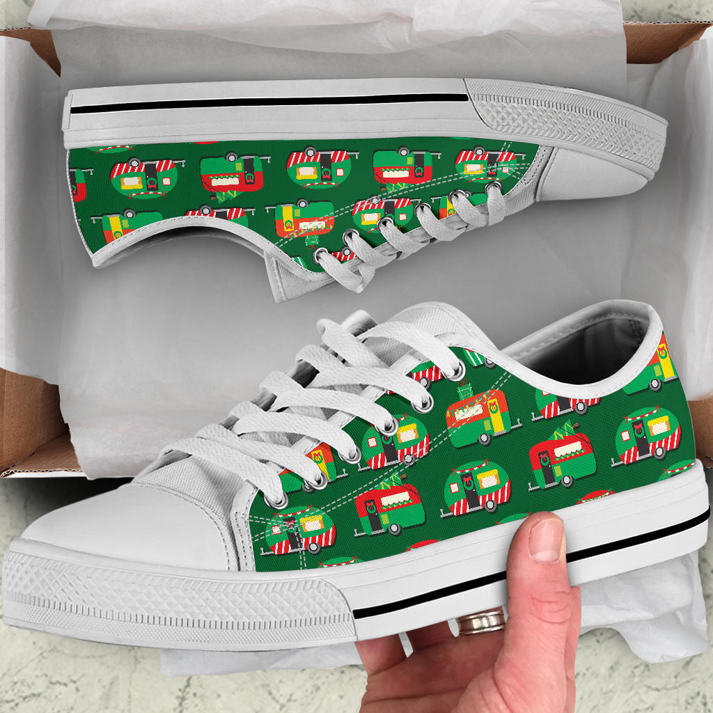 Camper Camping Christmas Themed Print White Bottom Low Top Shoes