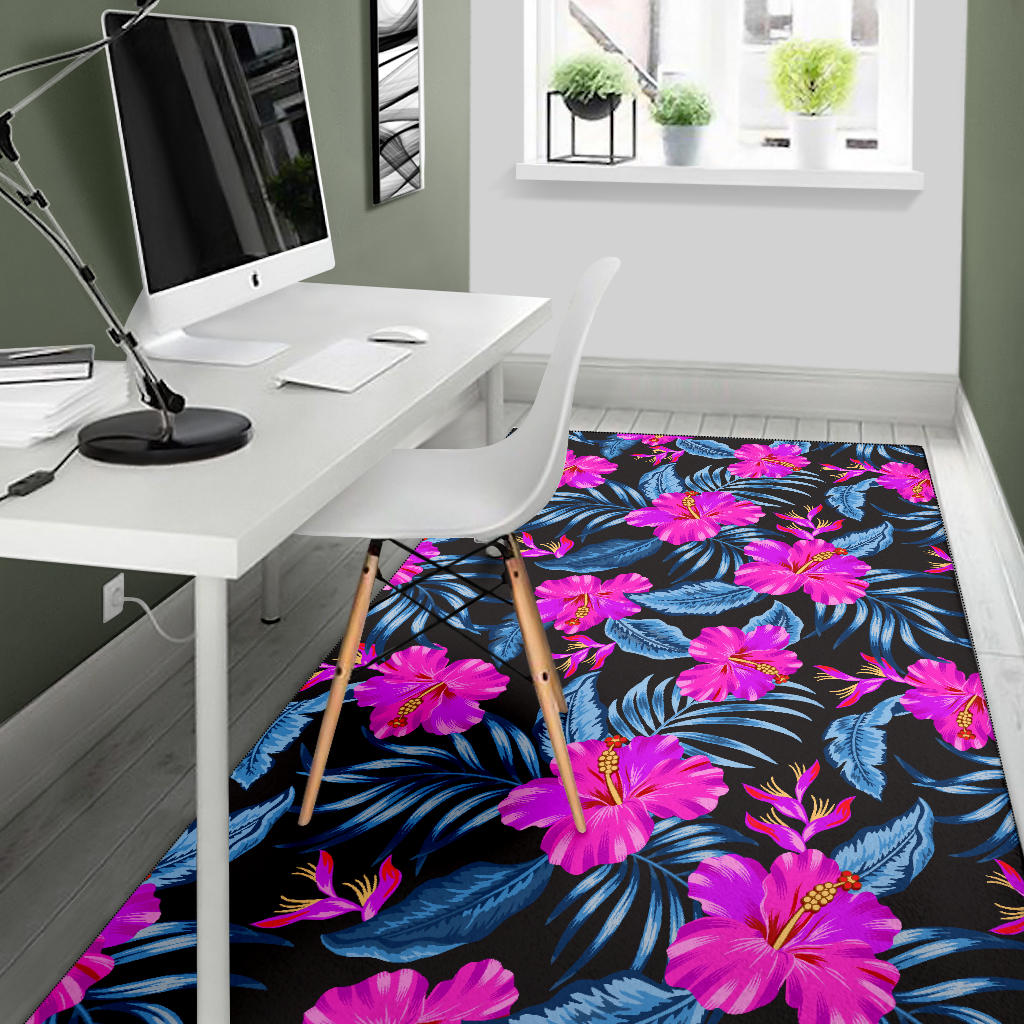 Neon Pink Hibiscus Pattern Print Design HB015 Area Rugs