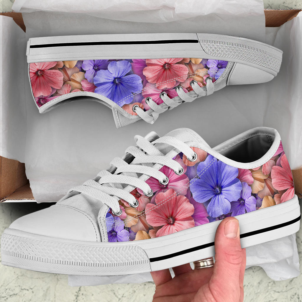 Colorful Geranium Pattern White Bottom Low Top Shoes