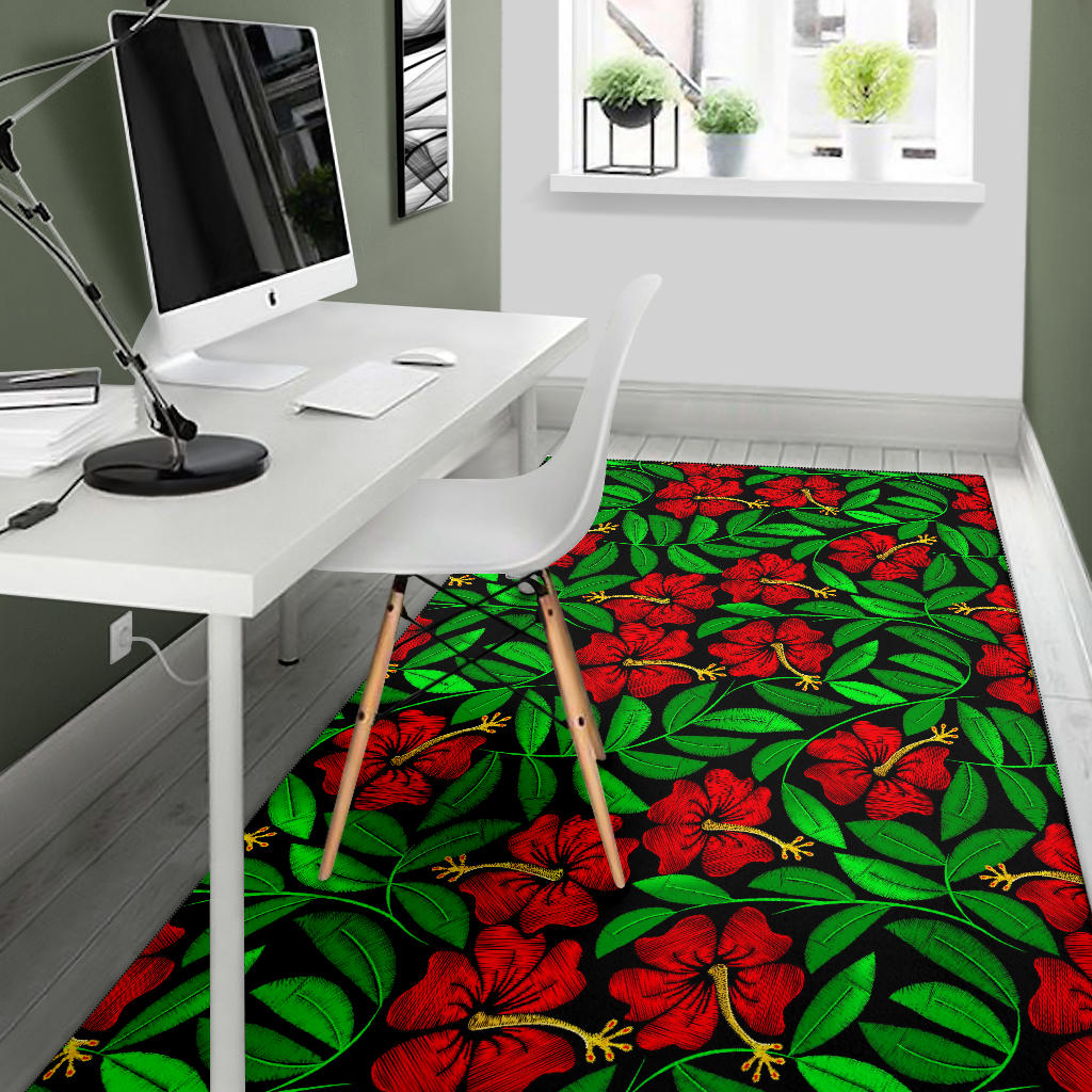 Red Hibiscus Embroidered Pattern Print Design HB032 Area Rugs