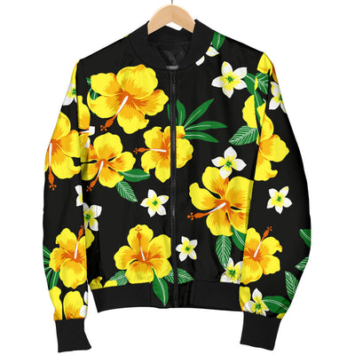 Yellow Hibiscus Pattern Print Design HB08 Women Bomber Jacket