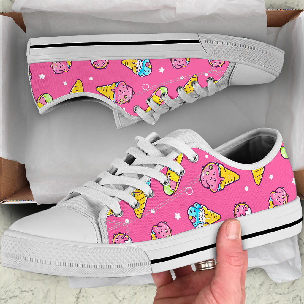 Ice Cream Pattern Print Design IC04 White Bottom Low Top Shoes