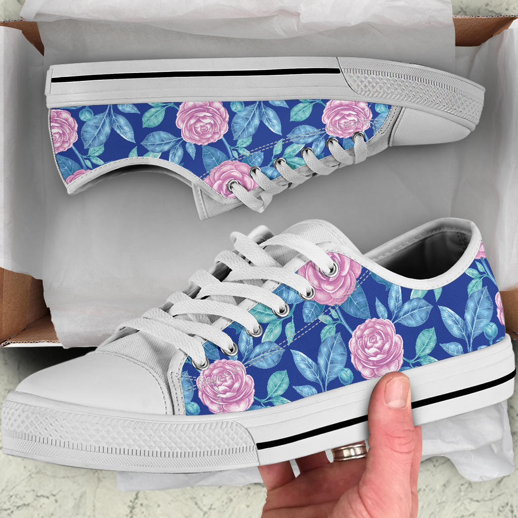 Camellia Pattern Print Design CM05 White Bottom Low Top Shoes