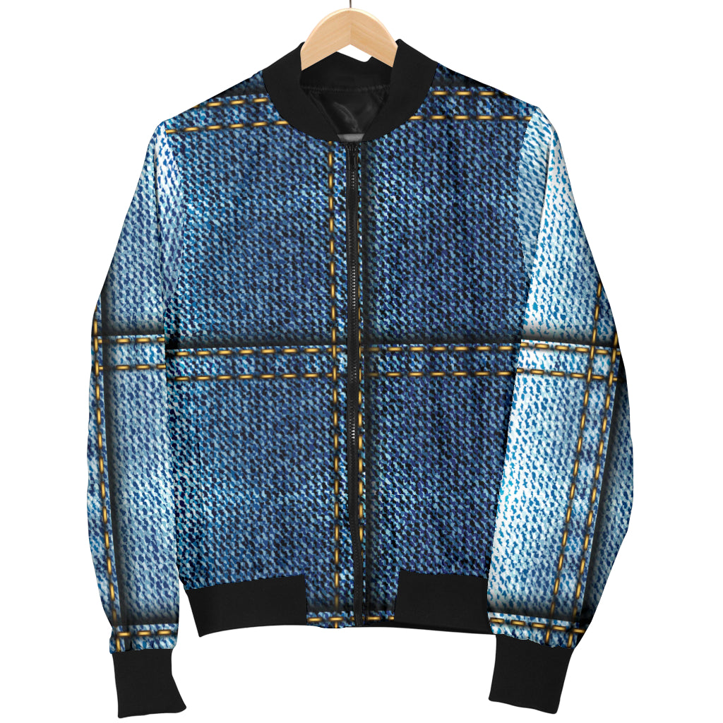 Jean Patchwork Pattern Print Design 02 Women's Bomber Jacket