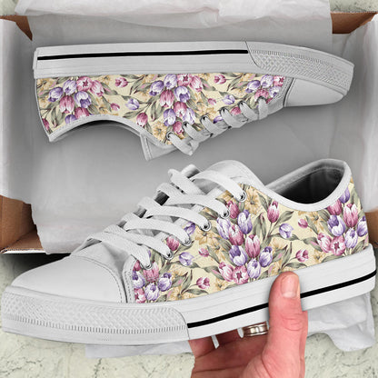 Tulip Pattern Print Design TP04 White Bottom Low Top Shoes
