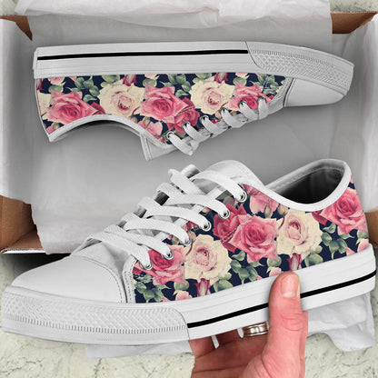 Rose Pattern Print Design RO05 White Bottom Low Top Shoes