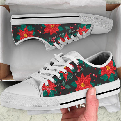 Poinsettia Pattern Print Design POT07 White Bottom Low Top Shoes