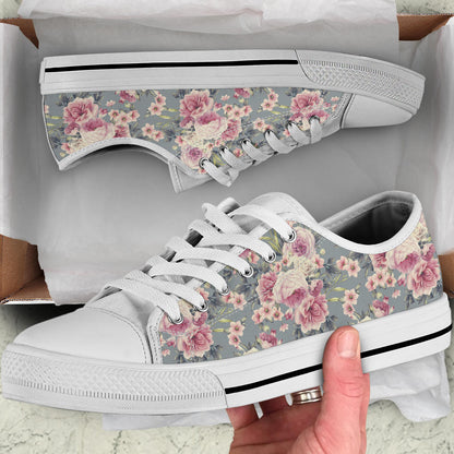 Peony Pattern Print Design PE05 White Bottom Low Top Shoes
