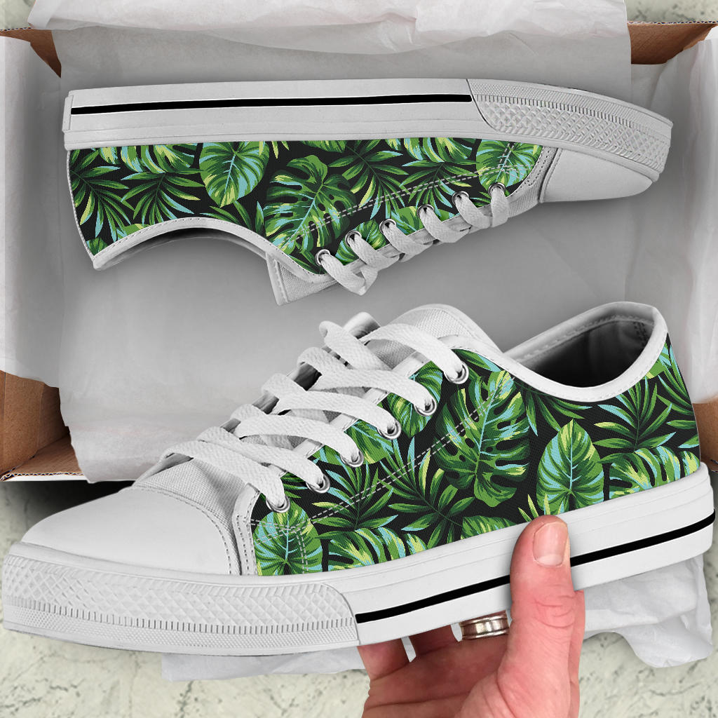 Palm Leaves Pattern Print Design PL013 White Bottom Low Top Shoes