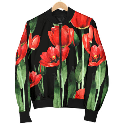 Tulip Red Pattern Print Design TP03 Women Bomber Jacket